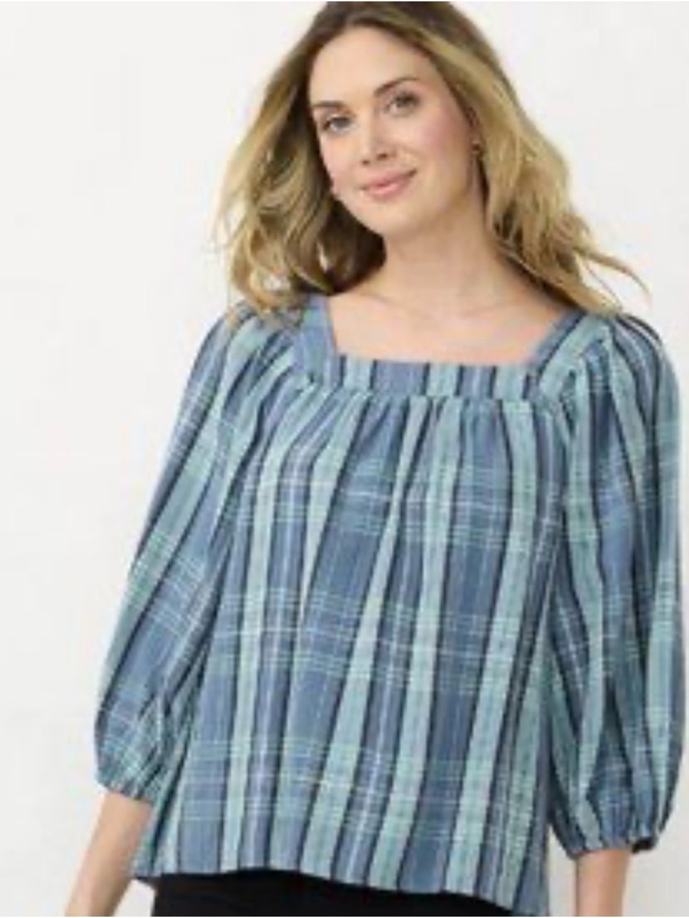 LC Lauren Conrad  Plaid Square-Neck Peasant  Cotton Blouse Size XS